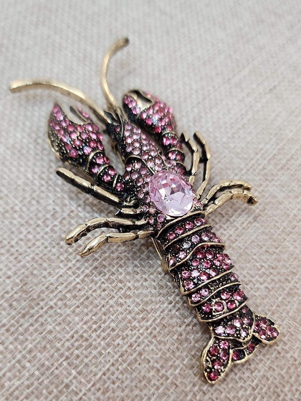 Gold Tone Pink Crystal Lobster Brooch Nautical Statement Pin OS